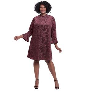 Plus Size London Times Mockneck Bell Sleeve Trapeze Dress Burnout Velvet Wine 22